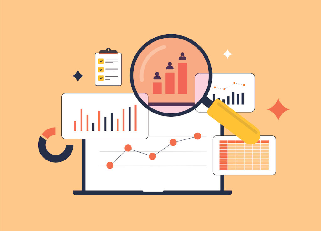 Competitor Analysis Tools - followers and sales, traffic, ad placement. Competitive monitoring and social listening. Competitor keyword analysis and seo metrics market research vector illustration  DANA CREATIVE AGENCY 5 astuces pour réussir votre stratégie social media d’entreprise